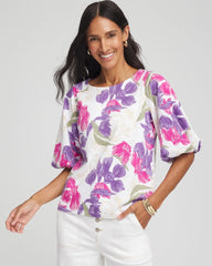 Chico's Floral Bubble Sleeve Top ALABASTER
