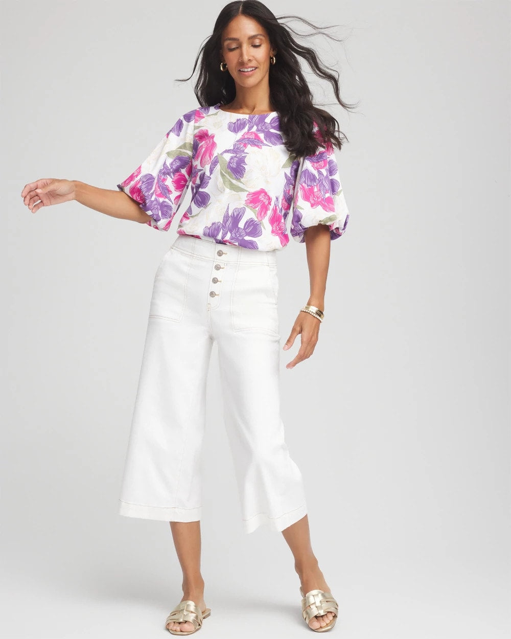 Chico's Floral Bubble Sleeve Top ALABASTER