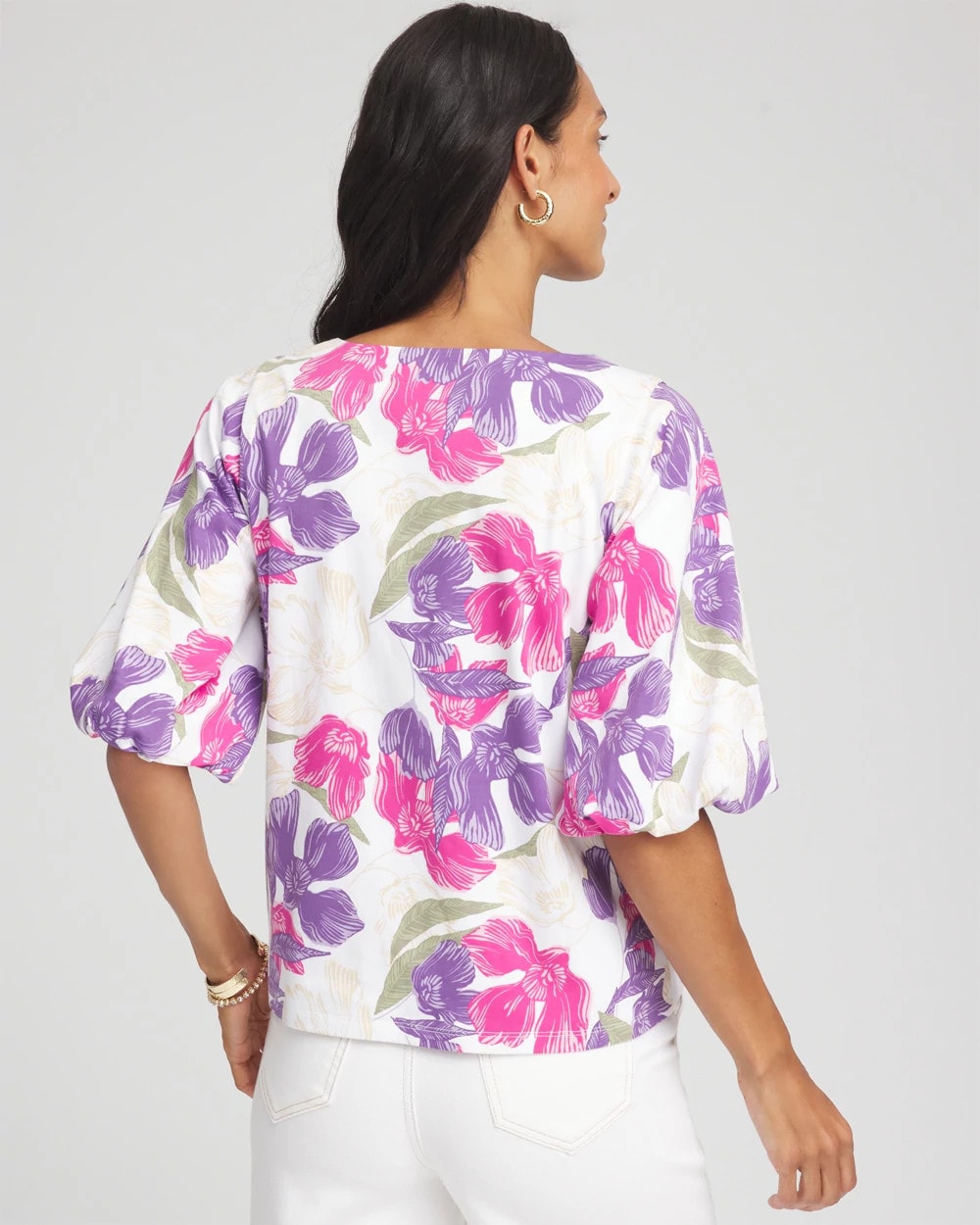 Chico's Floral Bubble Sleeve Top ALABASTER