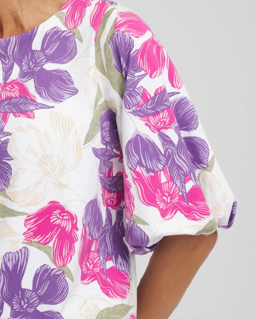 Chico's Floral Bubble Sleeve Top ALABASTER