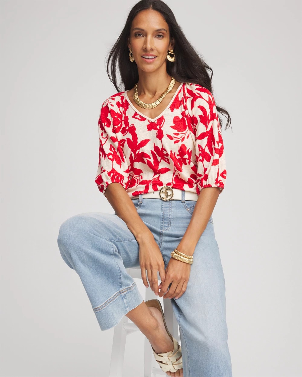 Chico's Floral Braided Linen Top RED GLOW