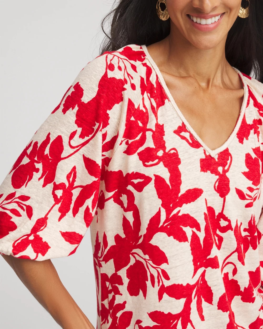 Chico's Floral Braided Linen Top RED GLOW
