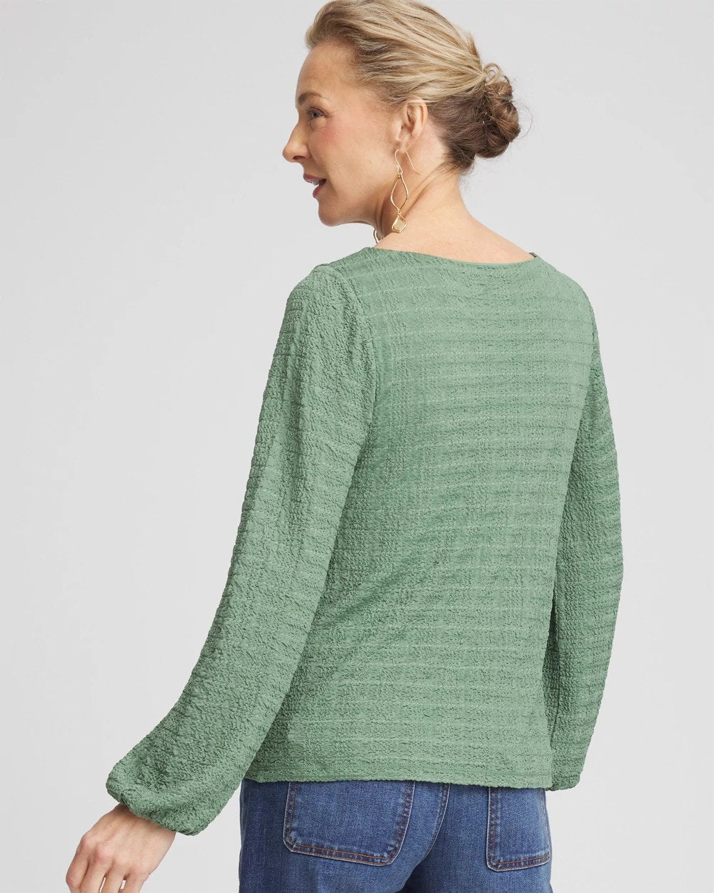 Chico's Smocked Boatneck Top MINERAL GREEN