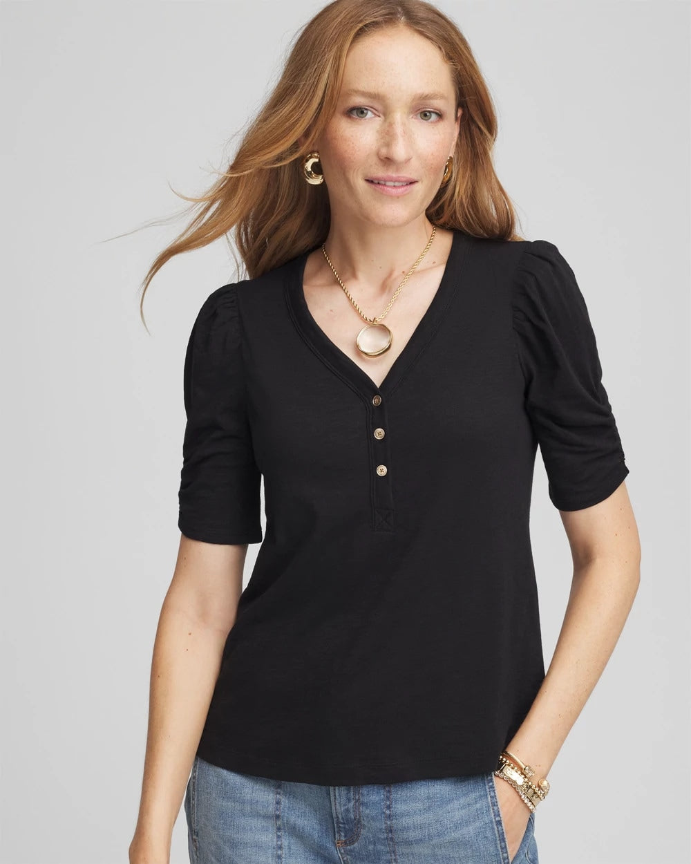 Chico's Slub Split Neck Henley Tee BLACK