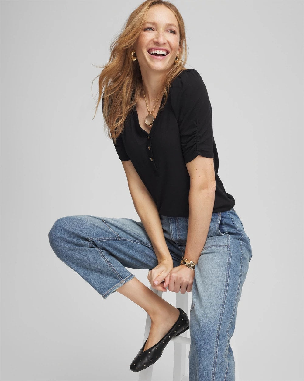 Chico's Slub Split Neck Henley Tee BLACK