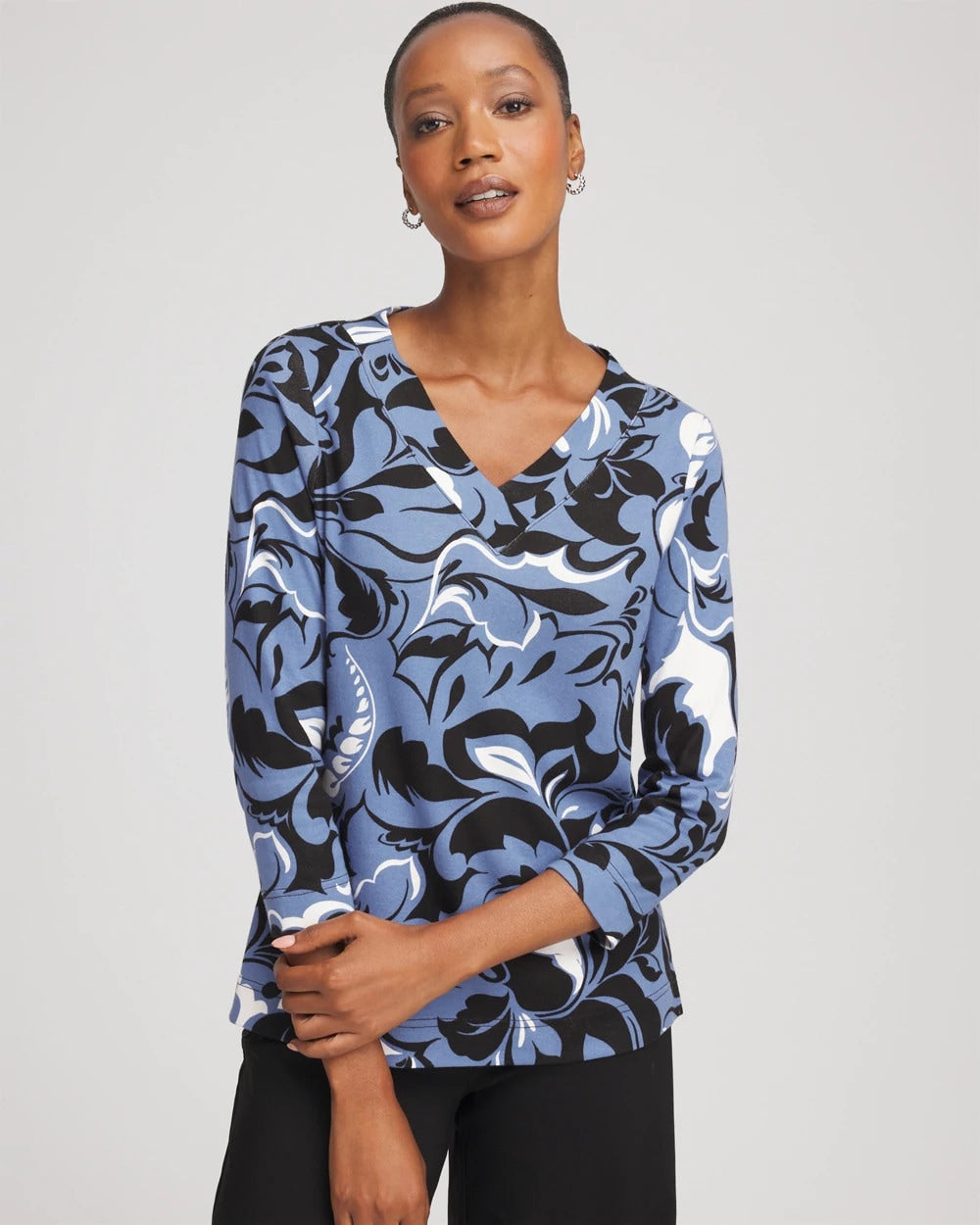 Chico's Pima Cotton Floral 3/4 Sleeve Tee BLUE LOTUS