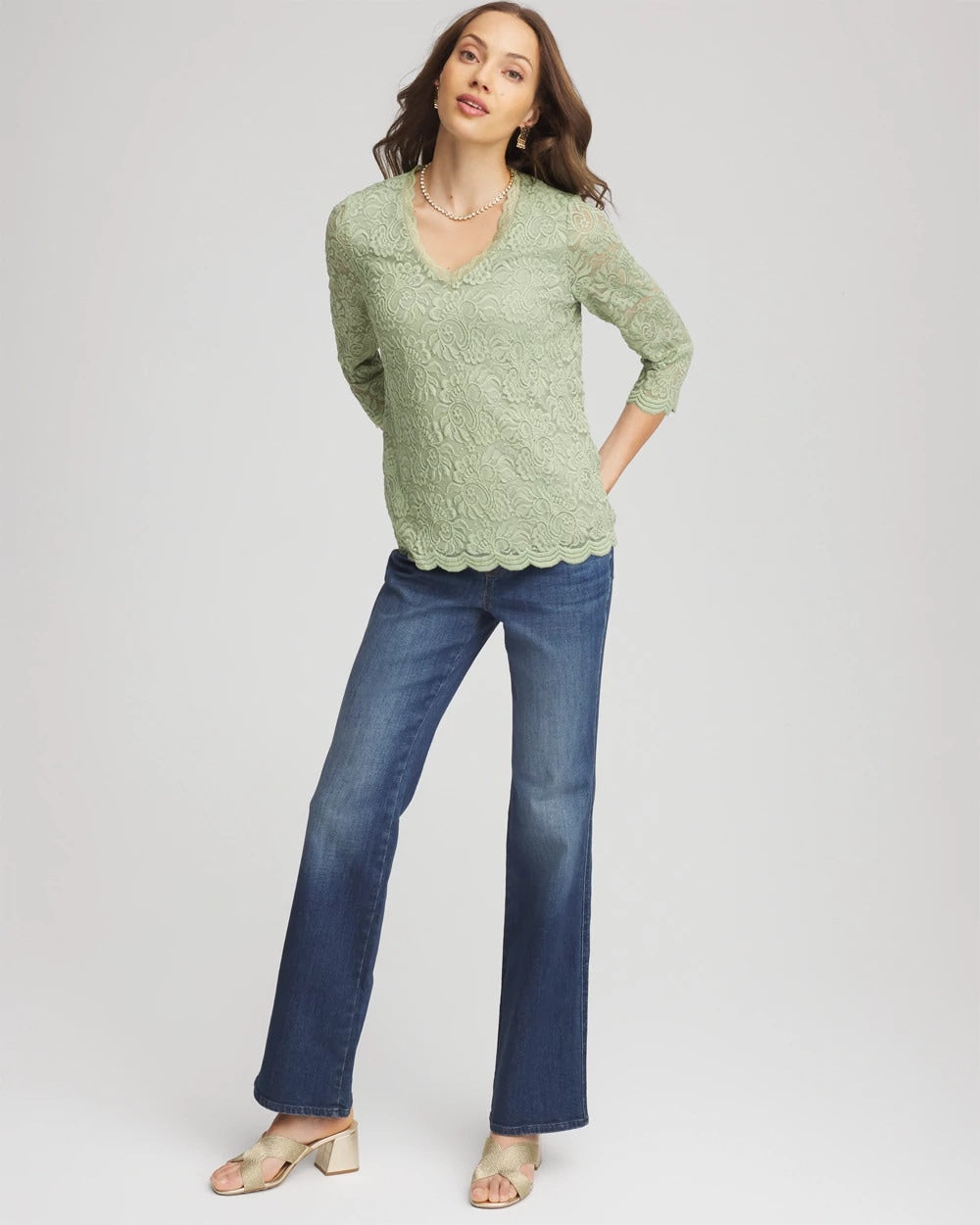 Chico's Lace Scallop-Hem Knit Tee SAGE MEADOW
