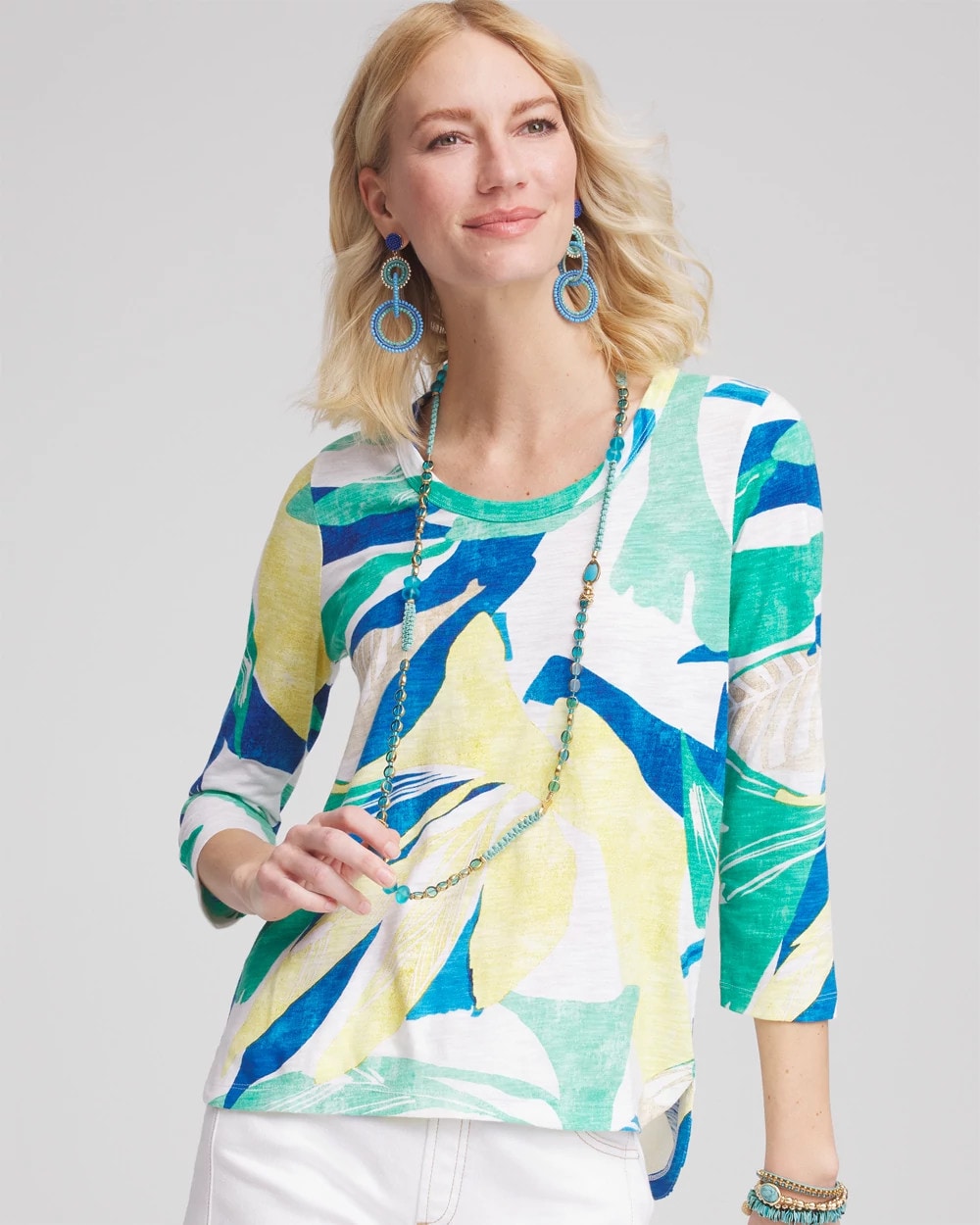 Chico's Ocean Print Slub Scoop-Neck Tee ALABASTER