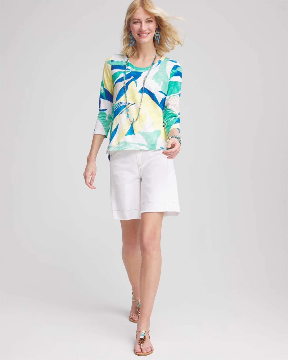 Chico's Ocean Print Slub Scoop-Neck Tee ALABASTER