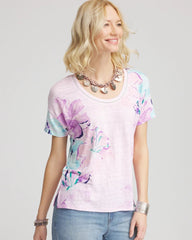 Chico's Floral Sweater-Trim Linen Tee GENTLE LAVENDER