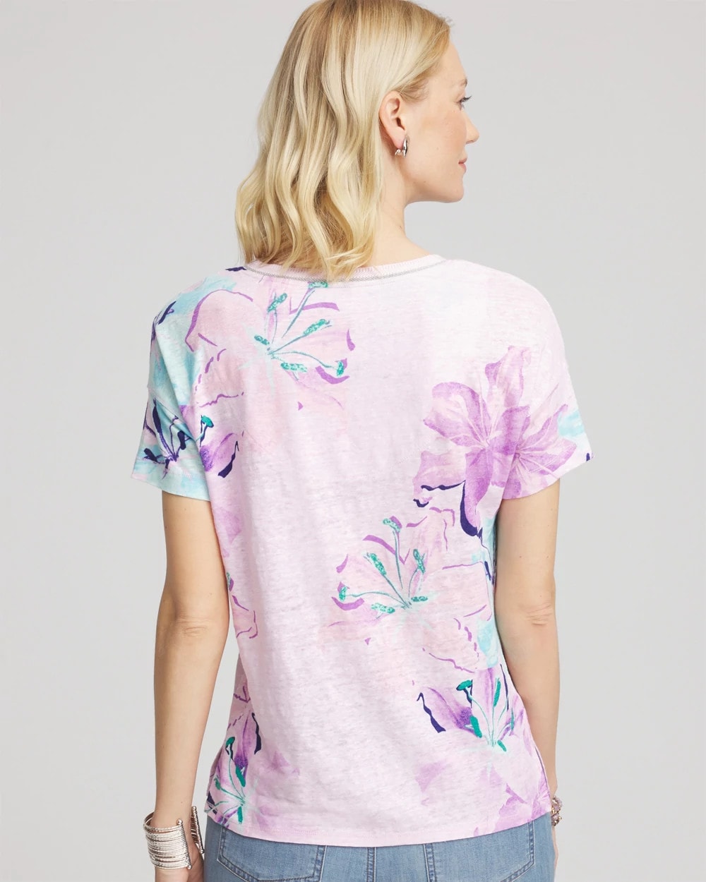 Chico's Floral Sweater-Trim Linen Tee GENTLE LAVENDER
