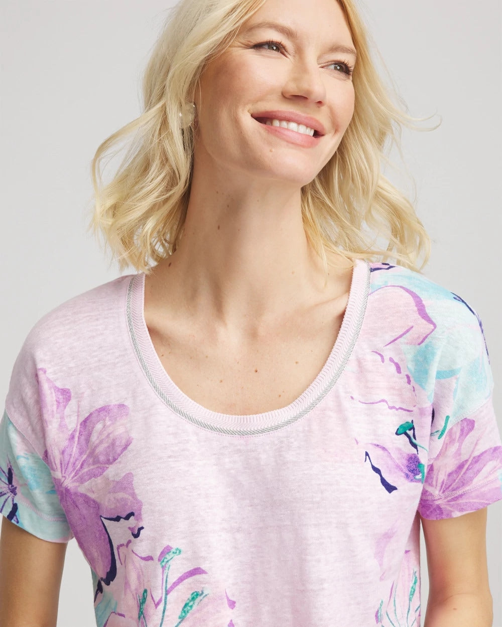 Chico's Floral Sweater-Trim Linen Tee GENTLE LAVENDER