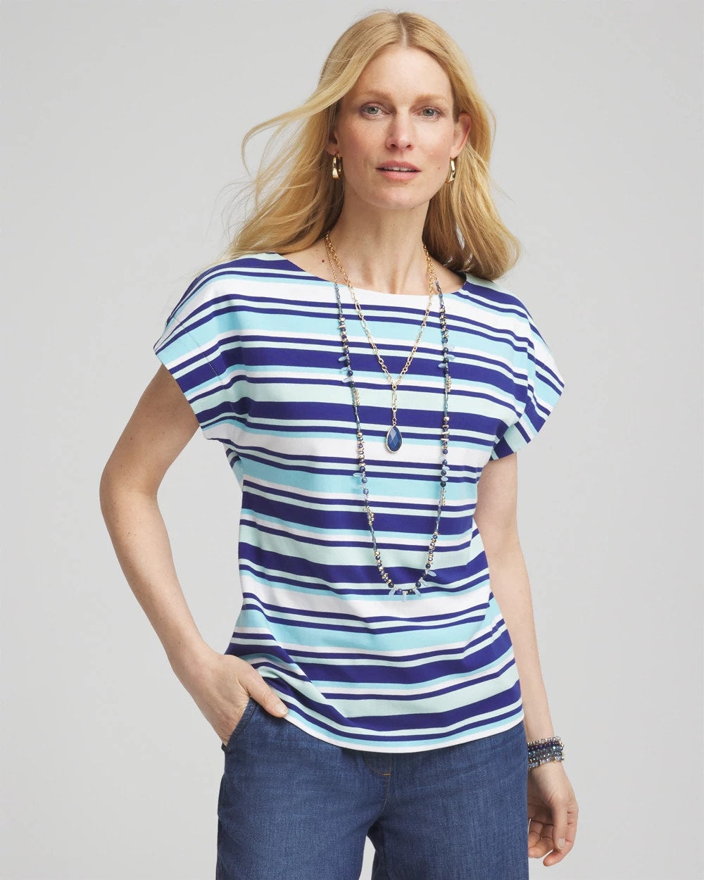 Chico's Stripe Modern Cap Sleeve Tee PARADISO BLUE