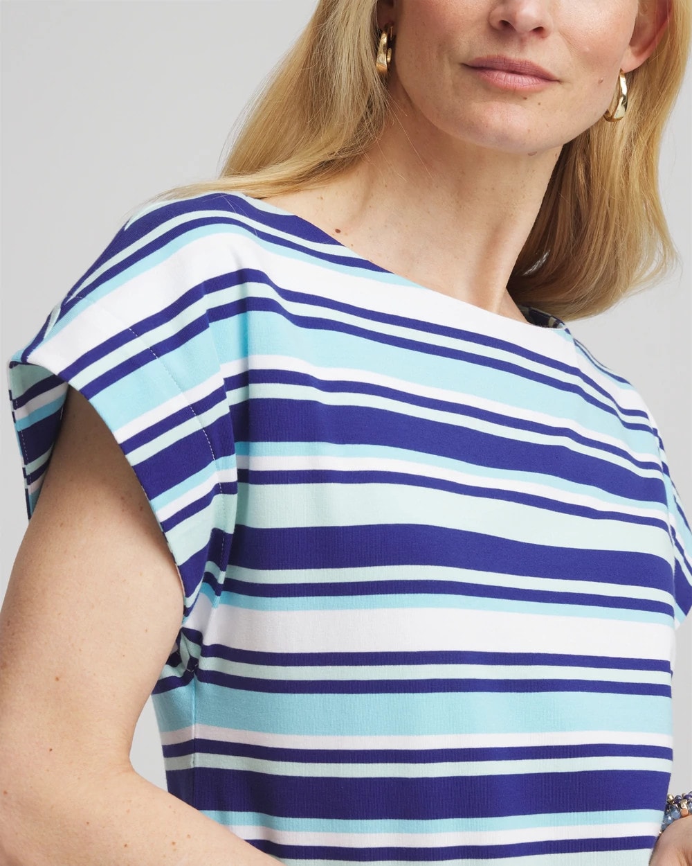 Chico's Stripe Modern Cap Sleeve Tee PARADISO BLUE