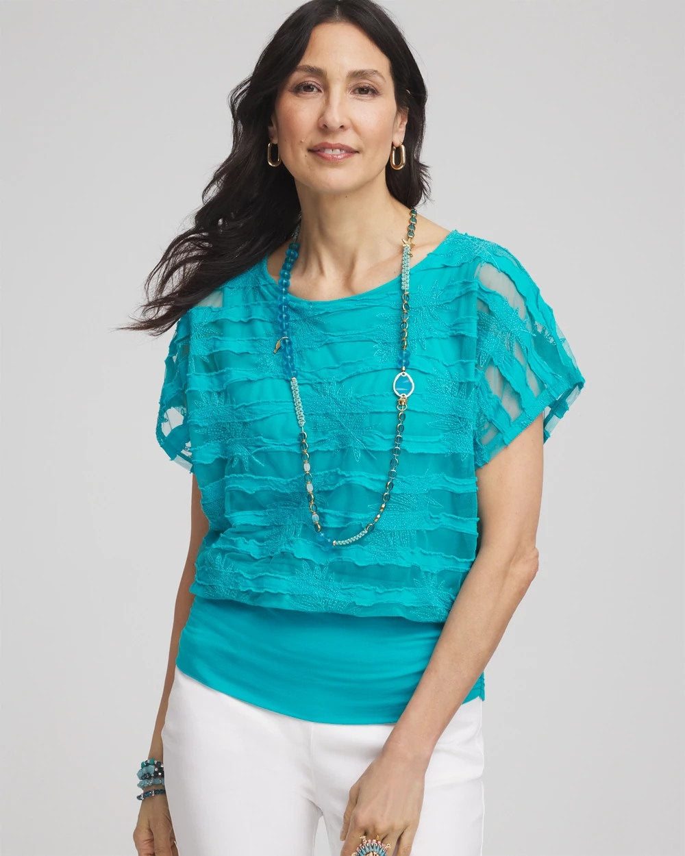 Chico's Embroidered Striped Banded Bottom Top SEASPRAY