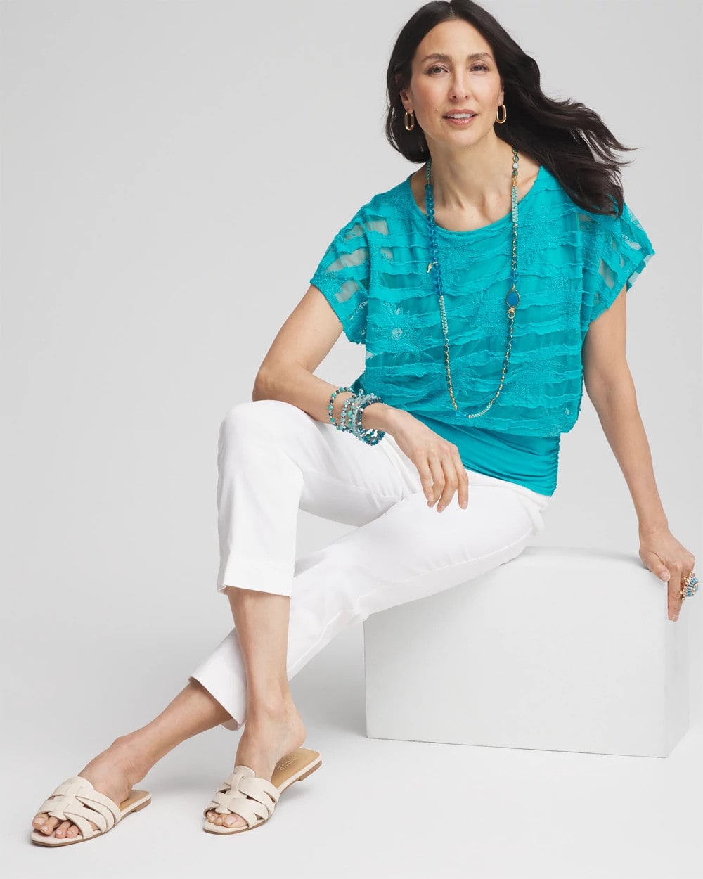 Chico's Embroidered Striped Banded Bottom Top SEASPRAY