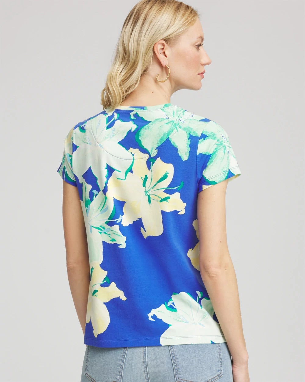 Chico's Floral Crewneck Perfect Tee RICH COBALT