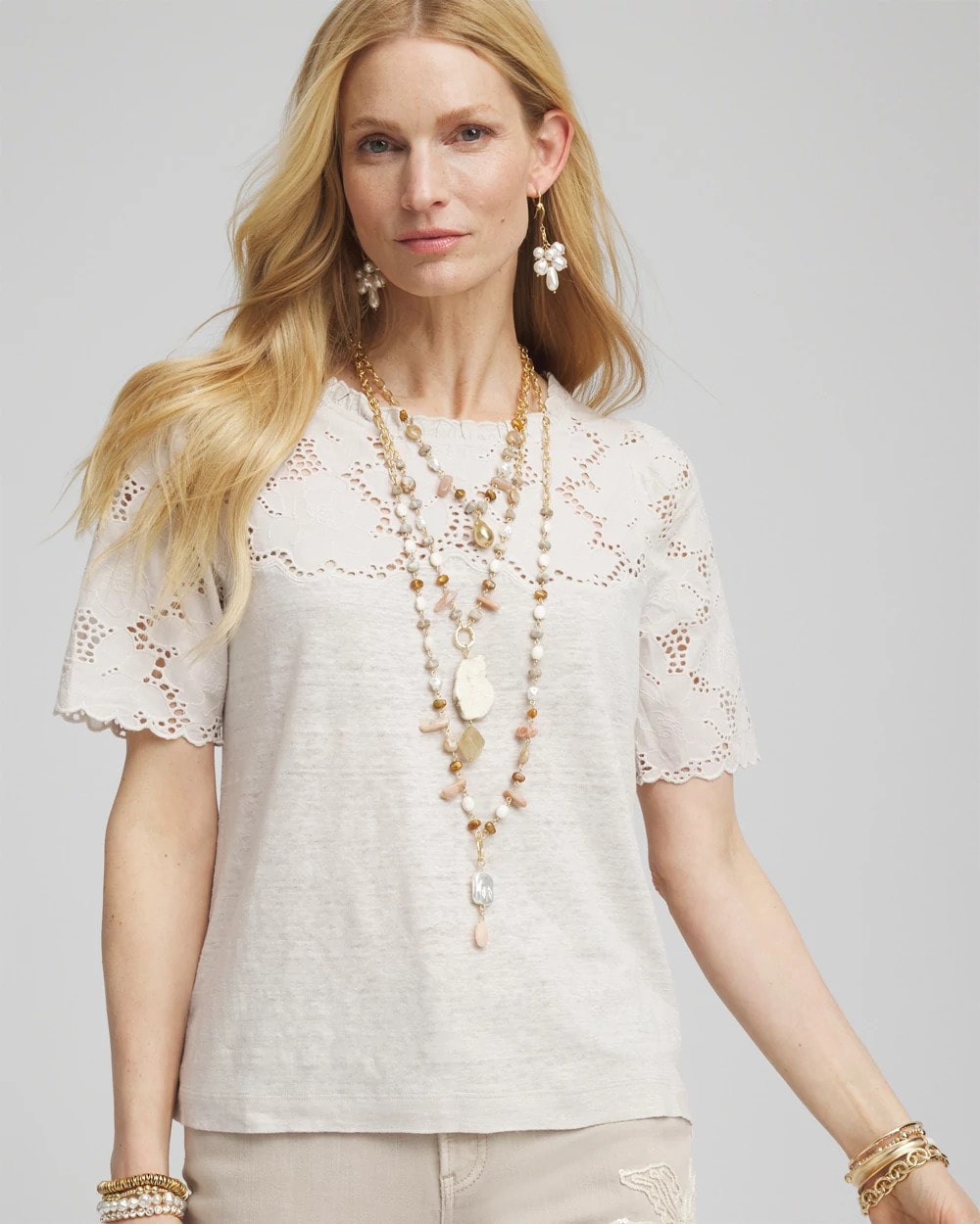 Chico's Embroidered Lace Linen Tee RIVER ROCK