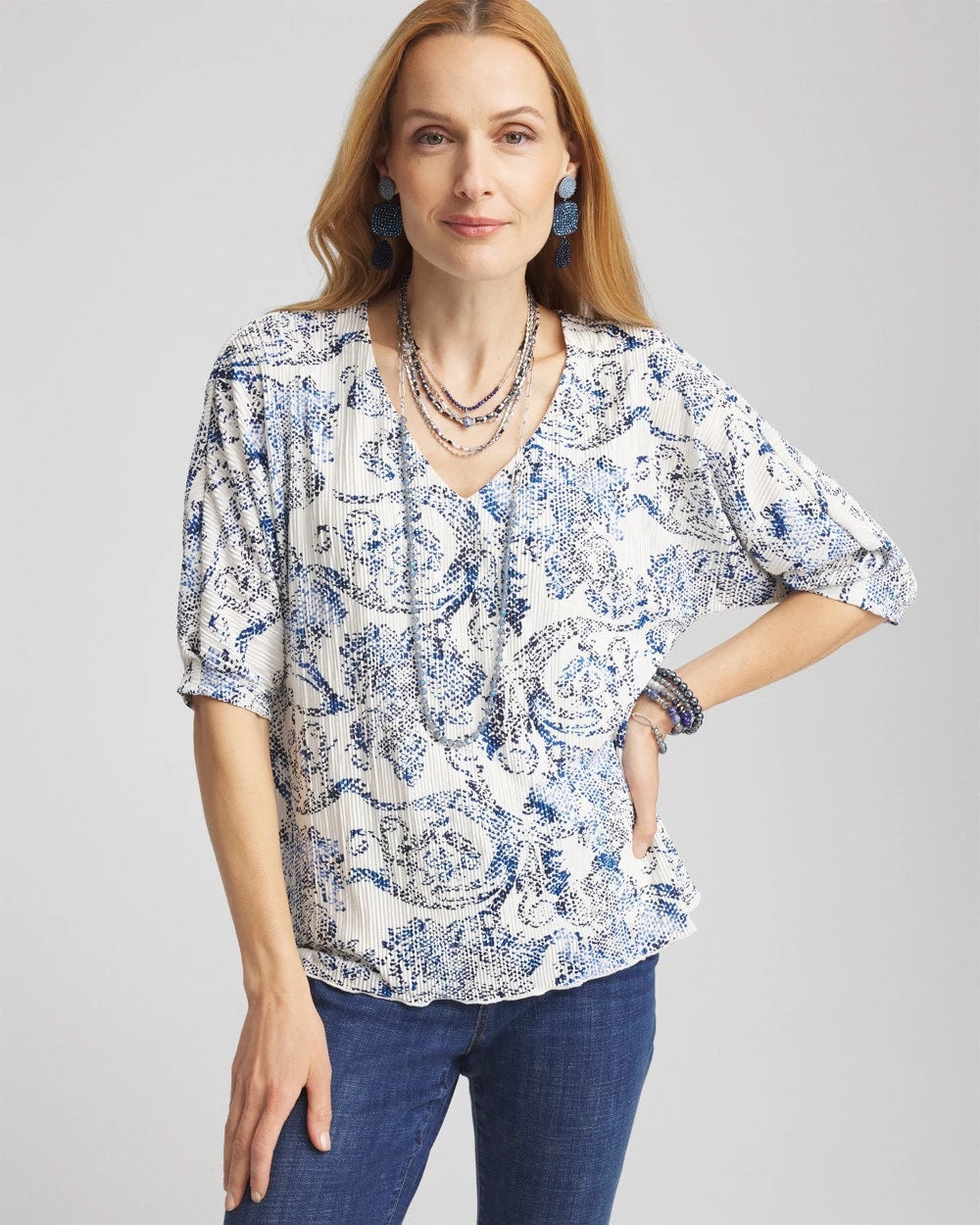 Chico's Snakeskin Print Crinkle Elbow Sleeve Tee ENGLISH CREAM