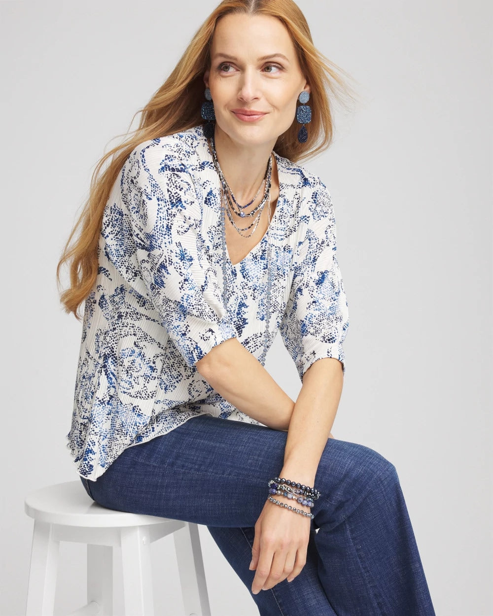 Chico's Snakeskin Print Crinkle Elbow Sleeve Tee ENGLISH CREAM