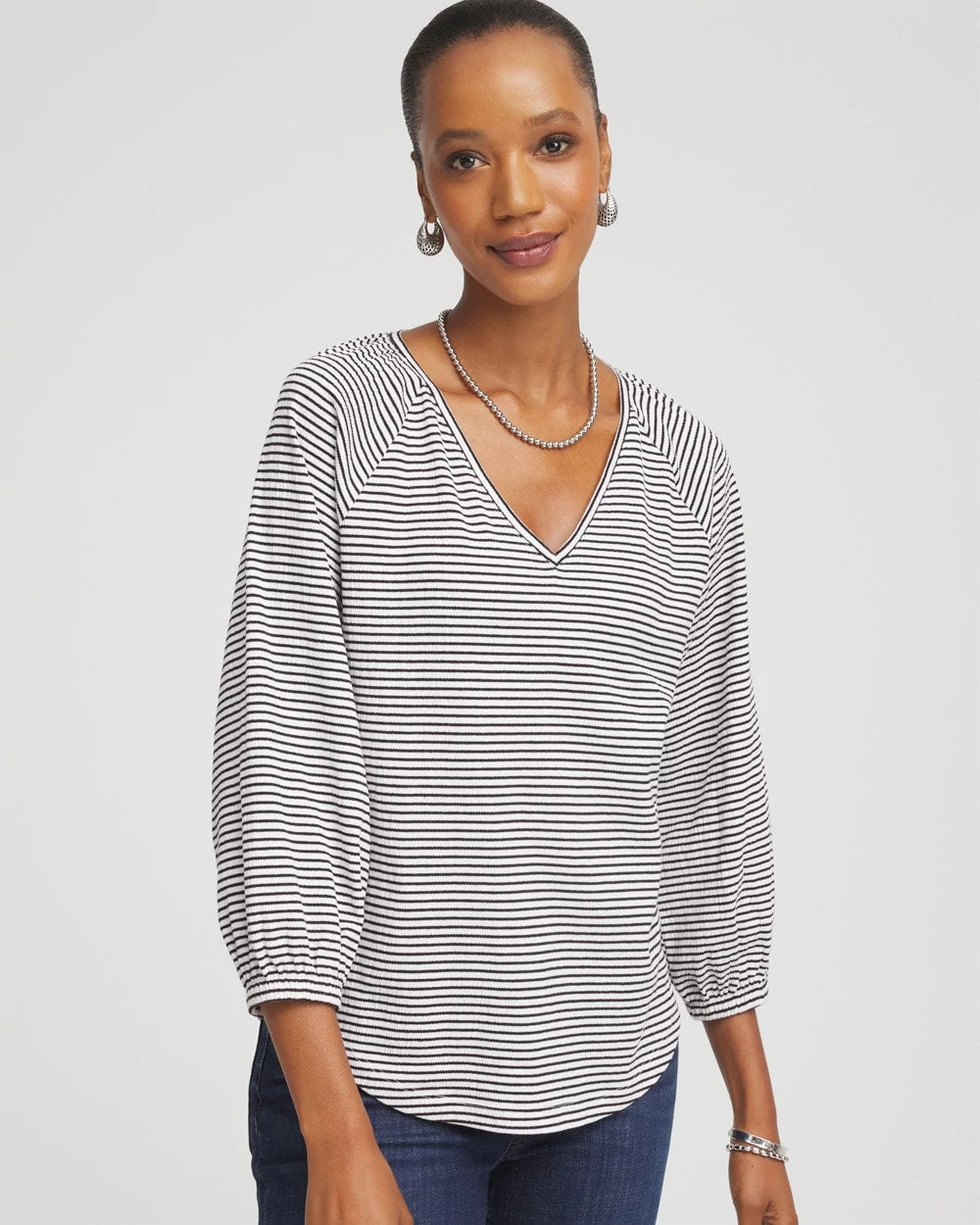 Chico's Striped Crinkled Raglan Top ALABASTER