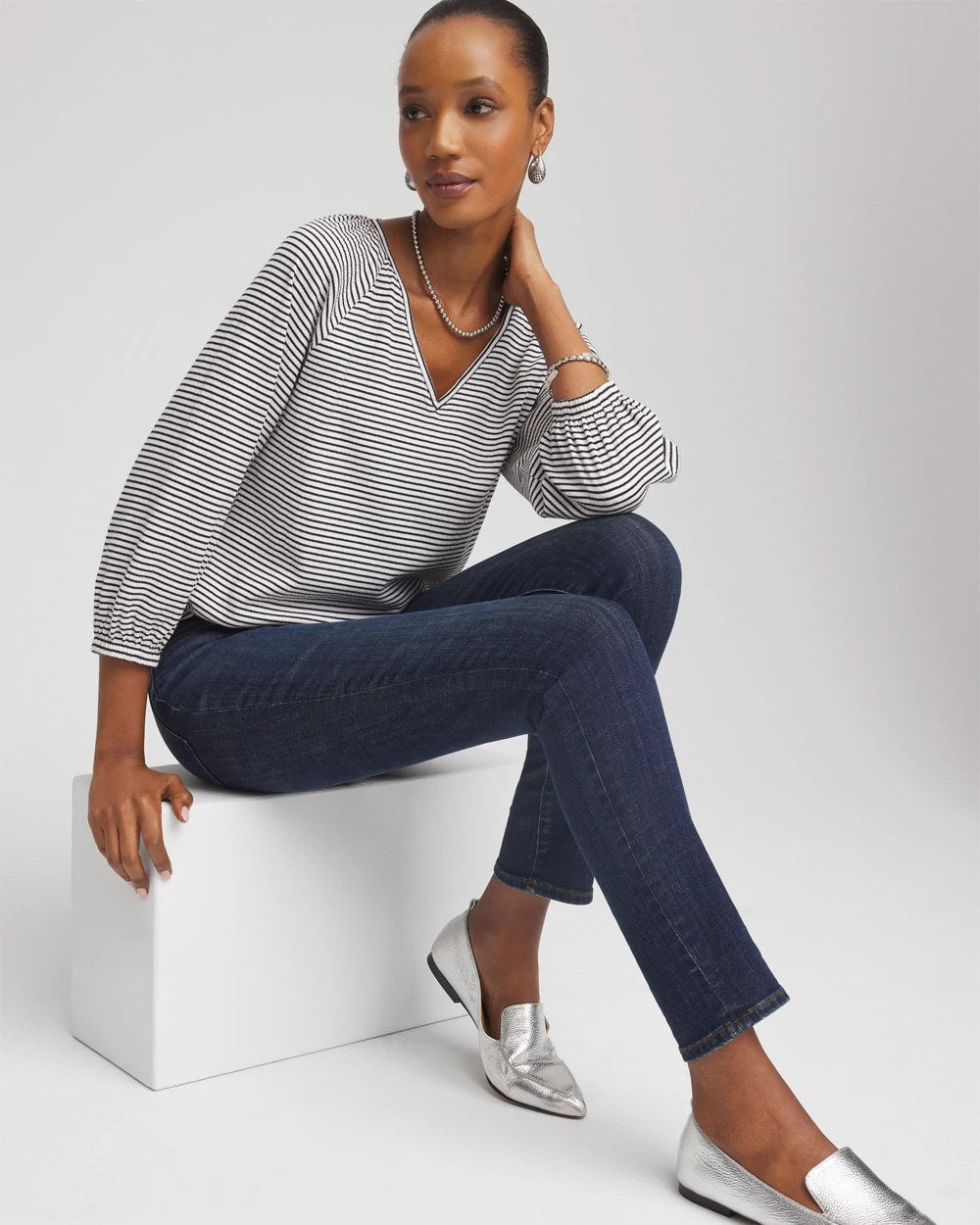 Chico's Striped Crinkled Raglan Top ALABASTER
