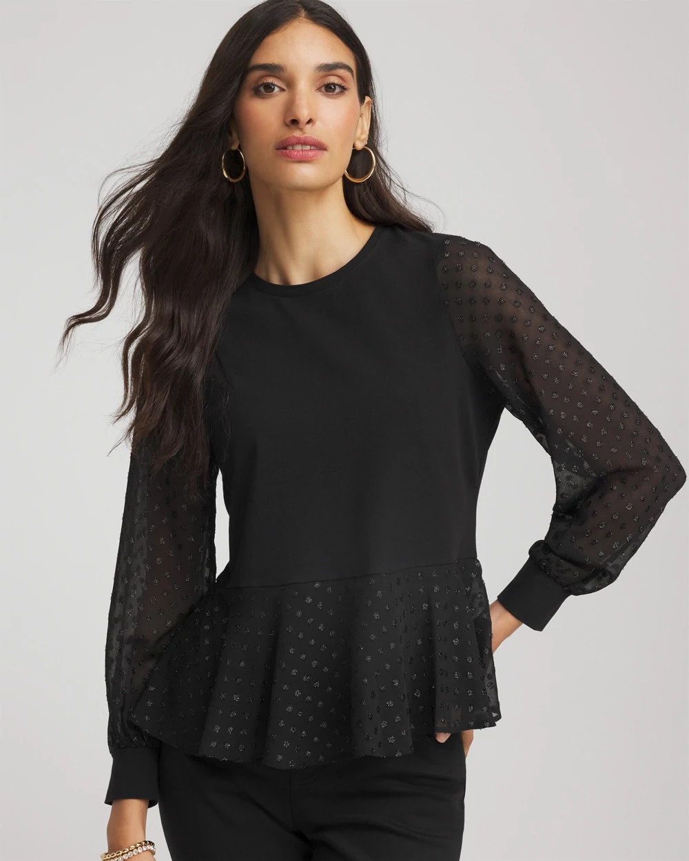 Chico's Clip-Dot Peplum Top BLACK