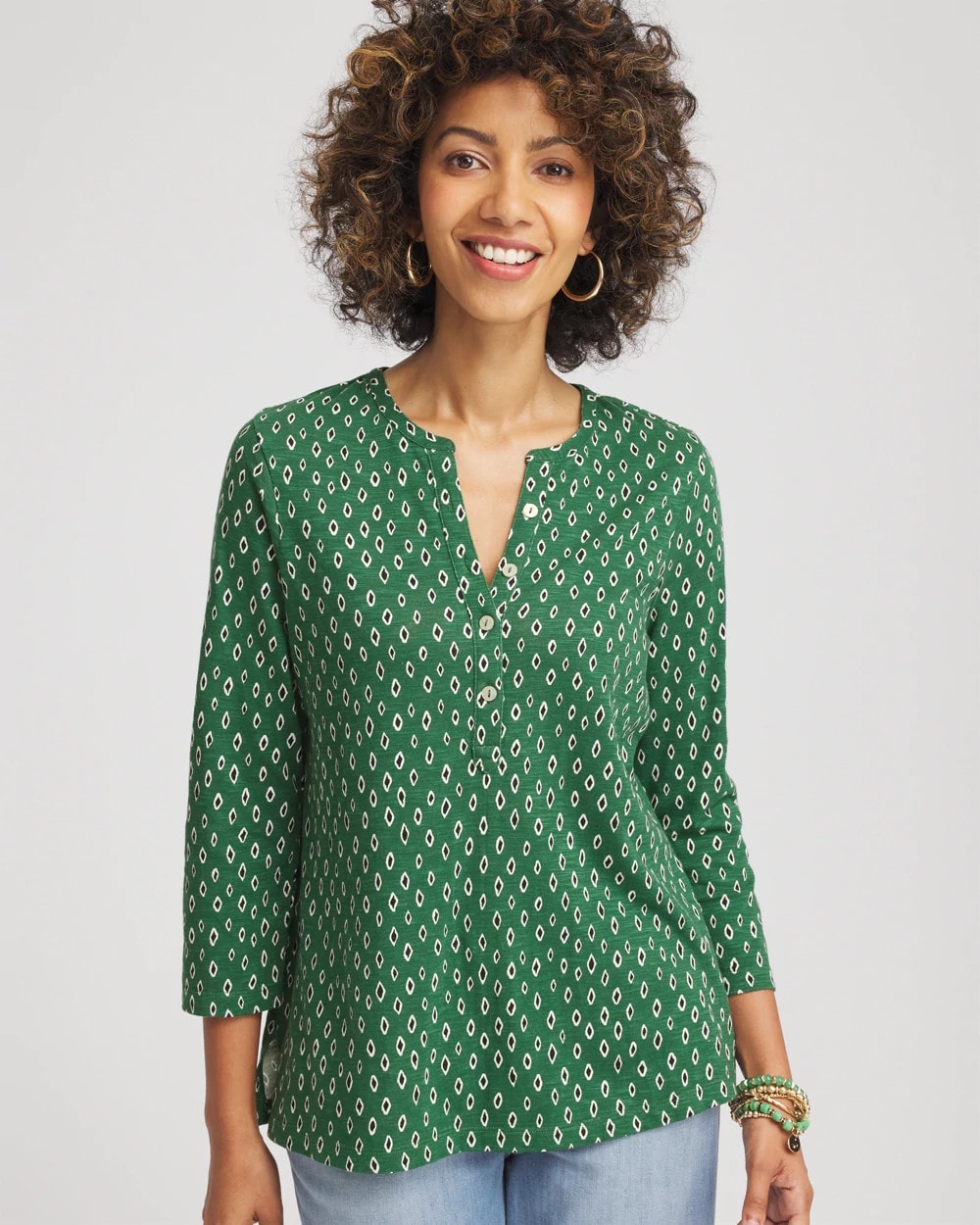 Chico's Geo Cotton Slub Henley Shirt PALM LEAF