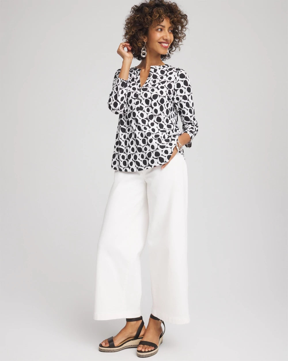 Chico's Printed Cotton Slub Henley Shirt BLACK