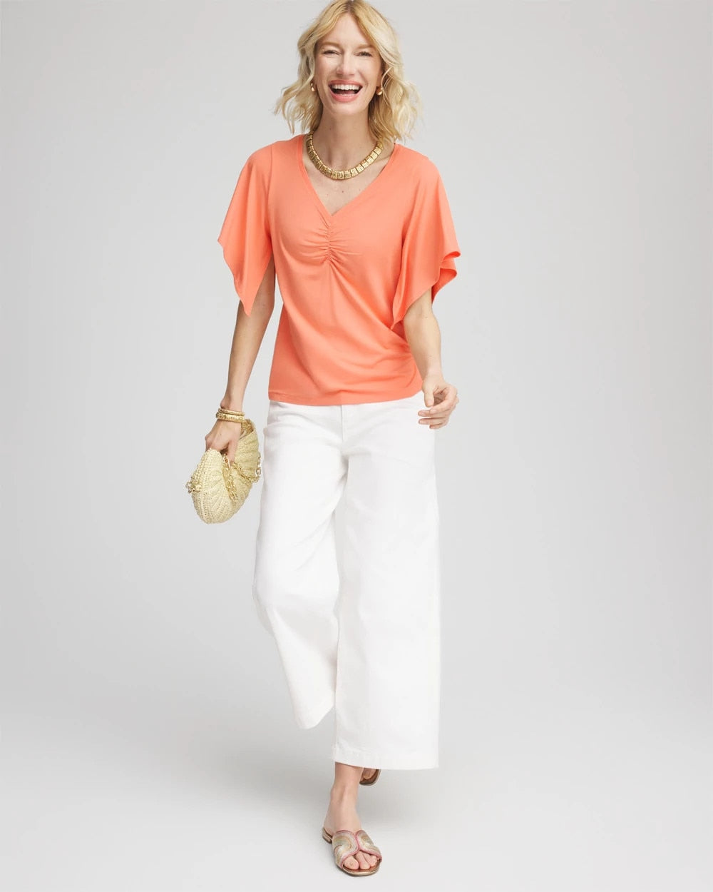Chico's Touch of Cool™ Handkerchief-Sleeve V-Neck Tee SUNSET PEACH
