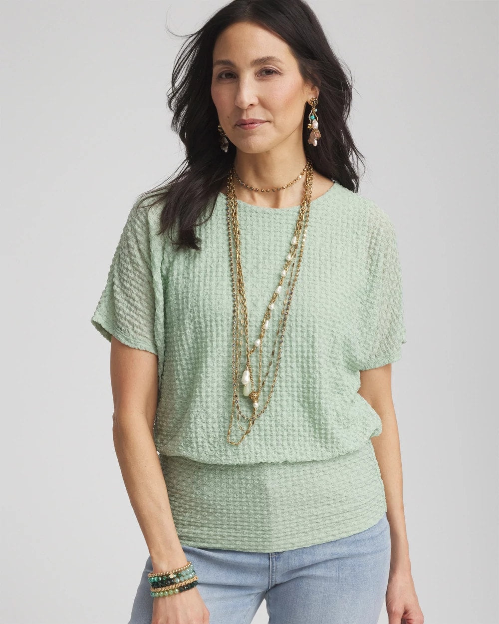 Chico's Jacquard Banded Hem Top MOROCCAN MINT