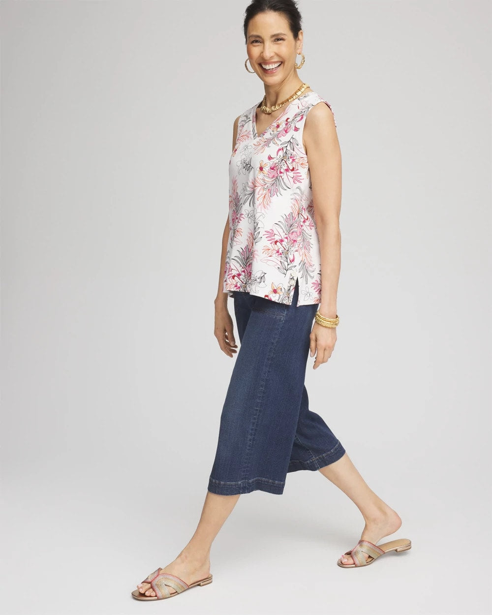 Chico's Floral Sleeveless V-Neck Tank ALABASTER