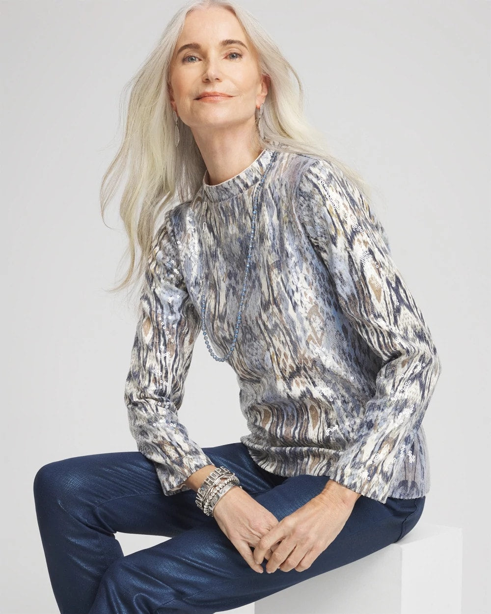 Chico's Sequin Reptile Funnel Neck tee CLASSIC NAVY