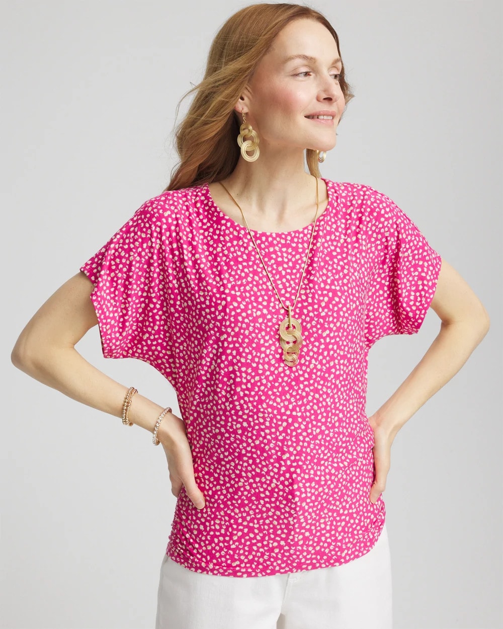 Chico's Touch of Cool™ Cheetah Ruched Banded Hem Top CRUSHED BERRIES