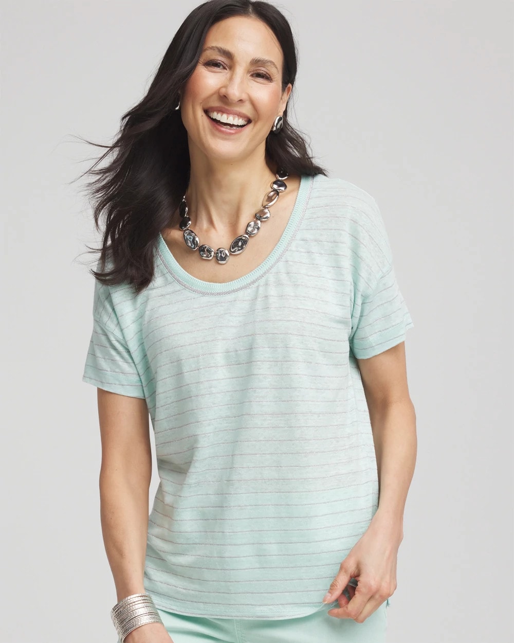 Chico's Striped Sweater-Trim Linen Tee TEAL WATERS