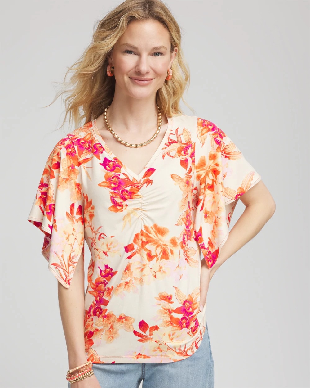 Chico's Touch of Cool™ Handkerchief-Sleeve V-Neck Tee SUNSET PEACH