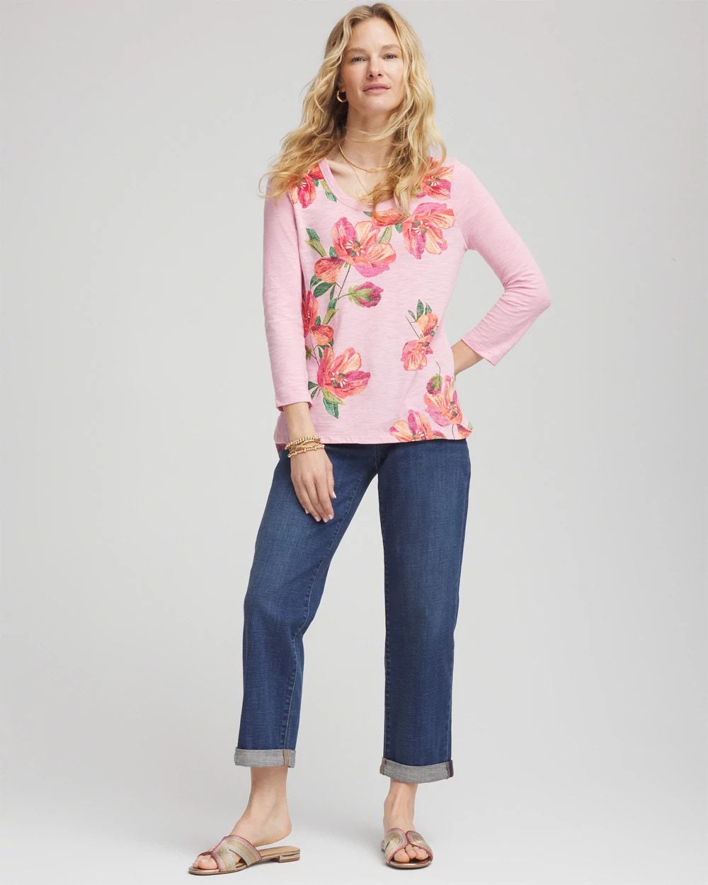 Chico's Floral 3/4 Sleeve Tee ROSE SHADOW
