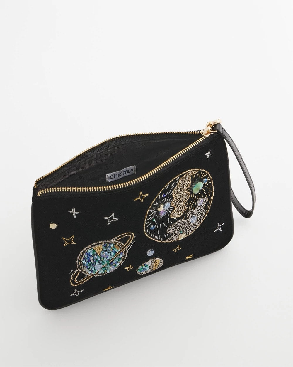 Chico's Planets & Stars Velvet Pouch Wristlet BLACK
