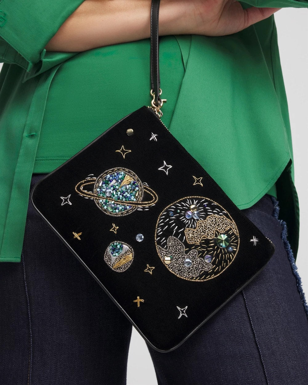 Chico's Planets & Stars Velvet Pouch Wristlet BLACK