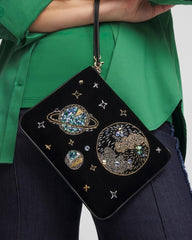 Chico's Planets & Stars Velvet Pouch Wristlet BLACK