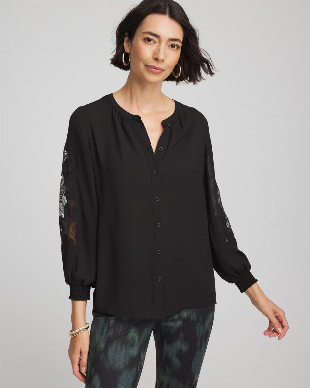 Chico's Crepe Banded Collar Blouse BLACK