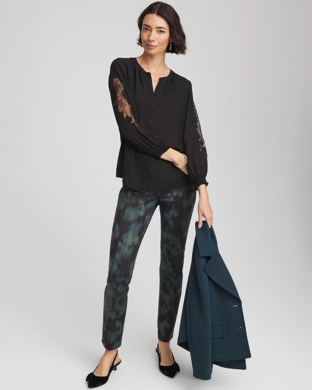 Chico's Crepe Banded Collar Blouse BLACK