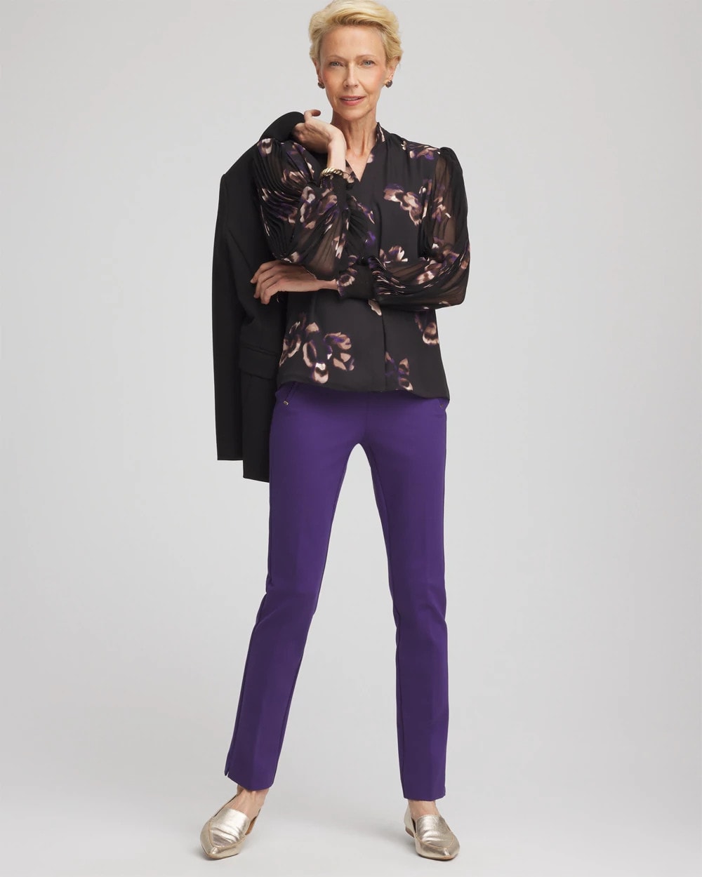 Chico's Fjord Flora Opaque Crepe Blouse BLACK