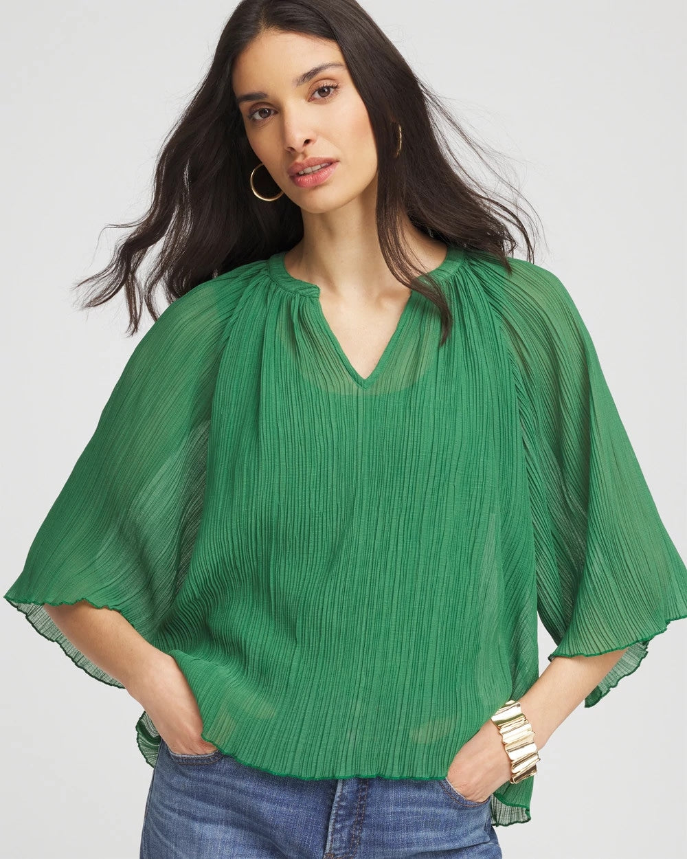 Chico's Textured Pleated Chiffon Blouse JARDIN GREEN