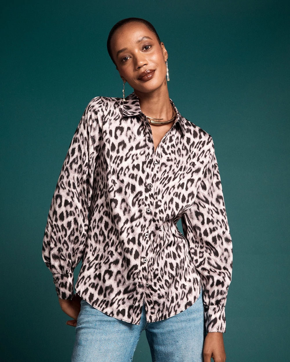 Chico's Faux Silk Snowy Animal Shirt DOVE GRAY