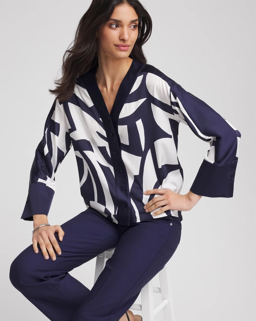 Chico's Satin Geo Print Blouse PASSPORT BLUE