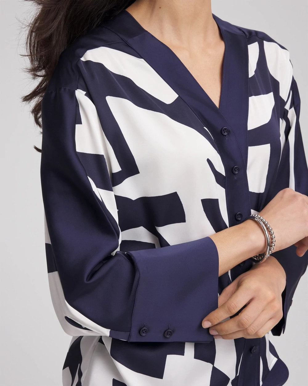 Chico's Satin Geo Print Blouse PASSPORT BLUE