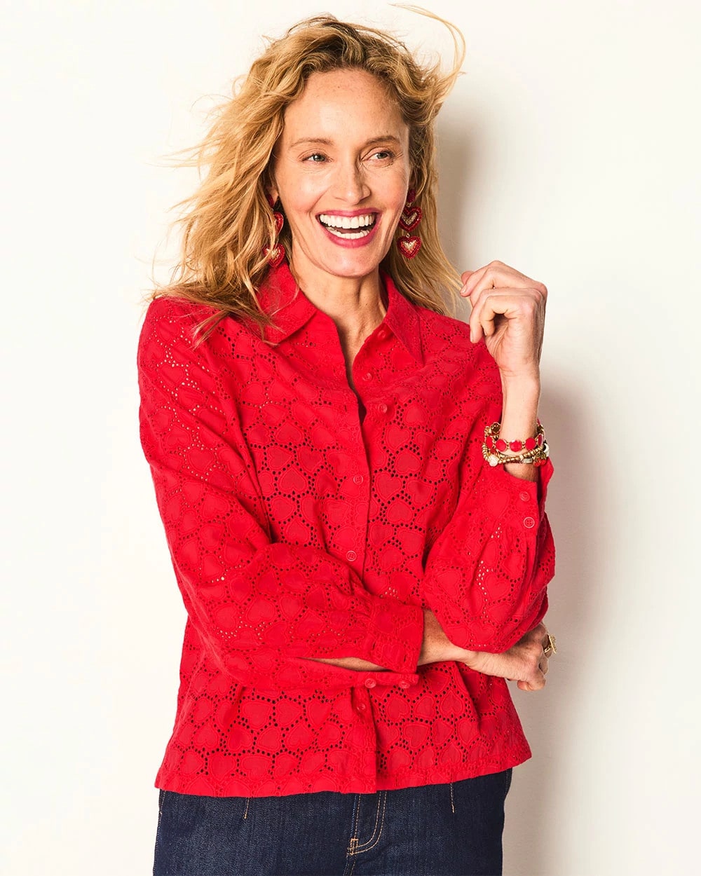 Chico's Heart Eyelet Button Down Shirt LOVE LETTER RED
