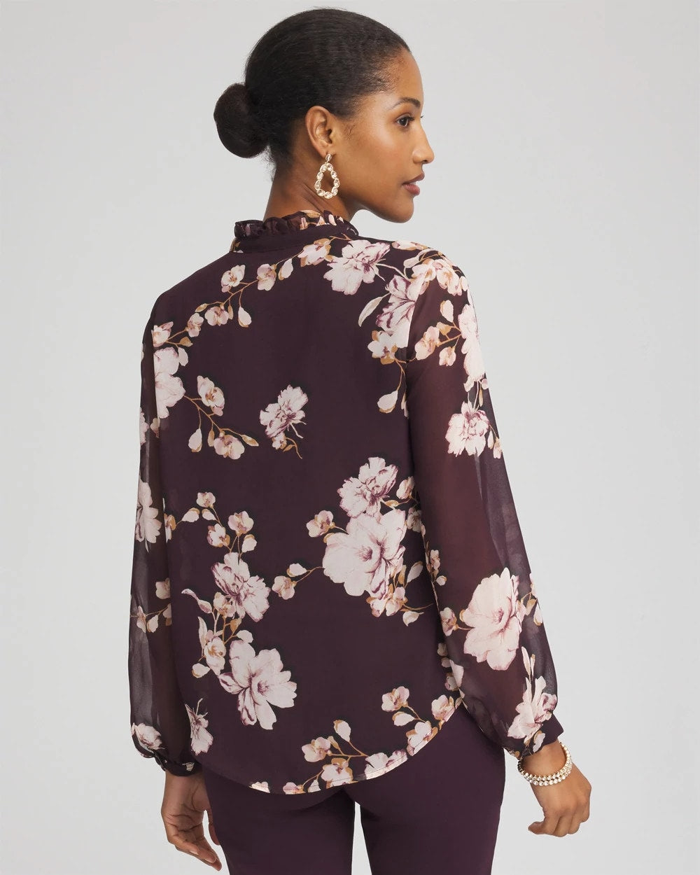 Chico's Frosty Floral Ruffleneck Blouse NIGHT BLOOM