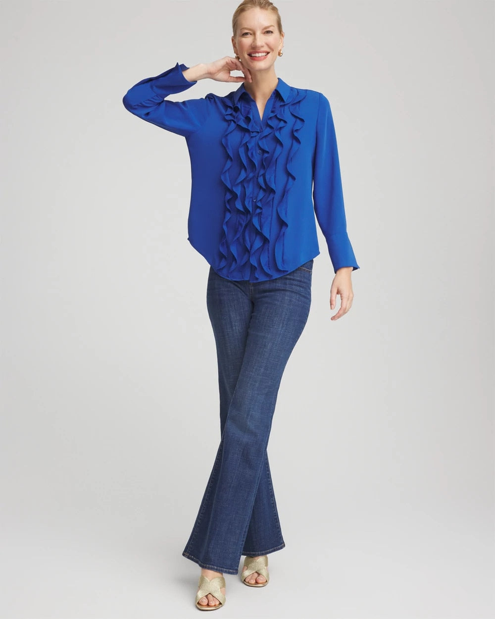 Chico's Ruffle-Trim Chiffon Blouse COBALT STONE